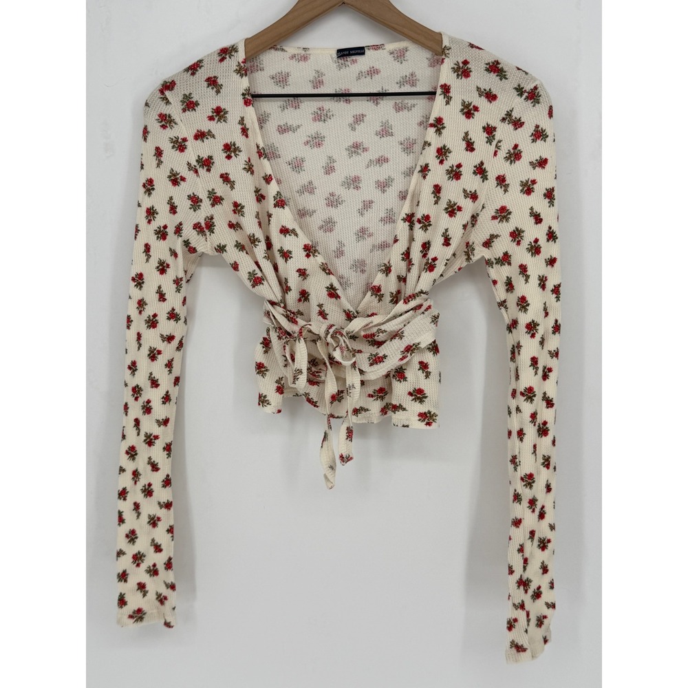 Brandy Melville Wrap Tie Front Top OS Cream Floral Waffle Balletcore Cottage